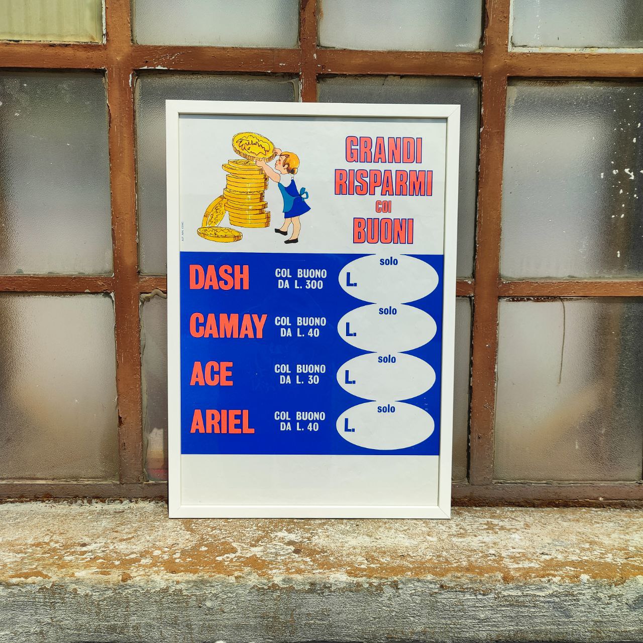 Werbeplakat - Coupons für Waschmittel, Dash, Camay, ACE, Ariel