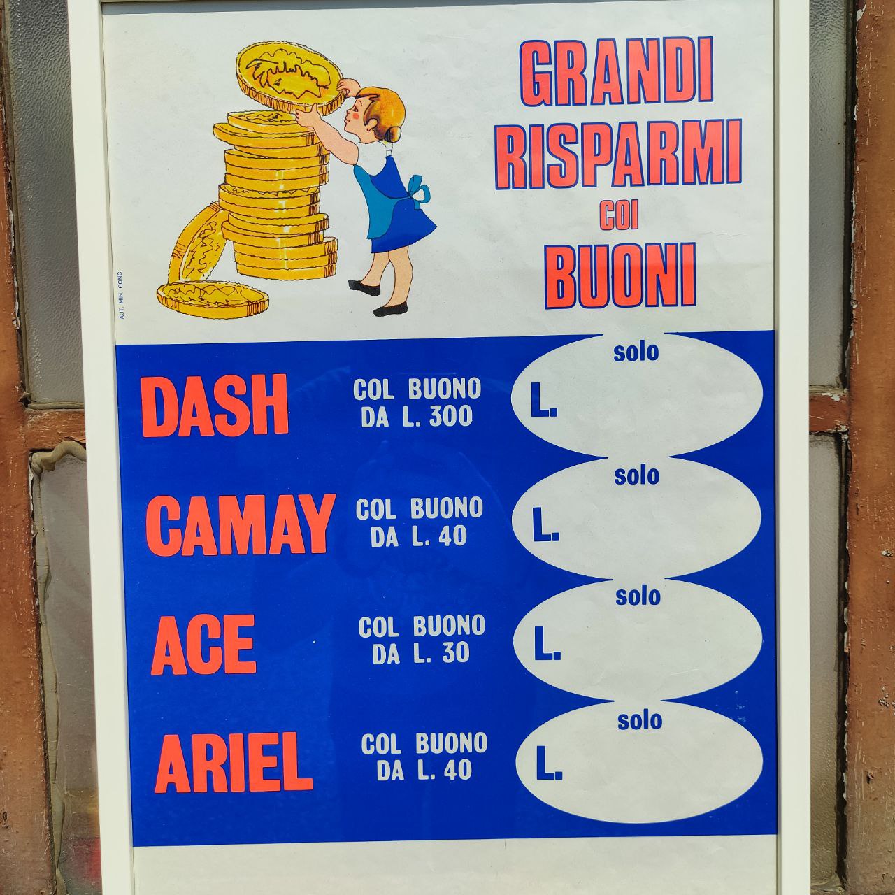 Poster pubblicitario - Buoni per detersivi, Dash, Camay, ACE, Ariel