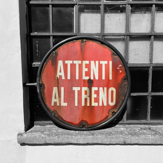 Insegna smaltata - Attenti al Treno | Anni '50
