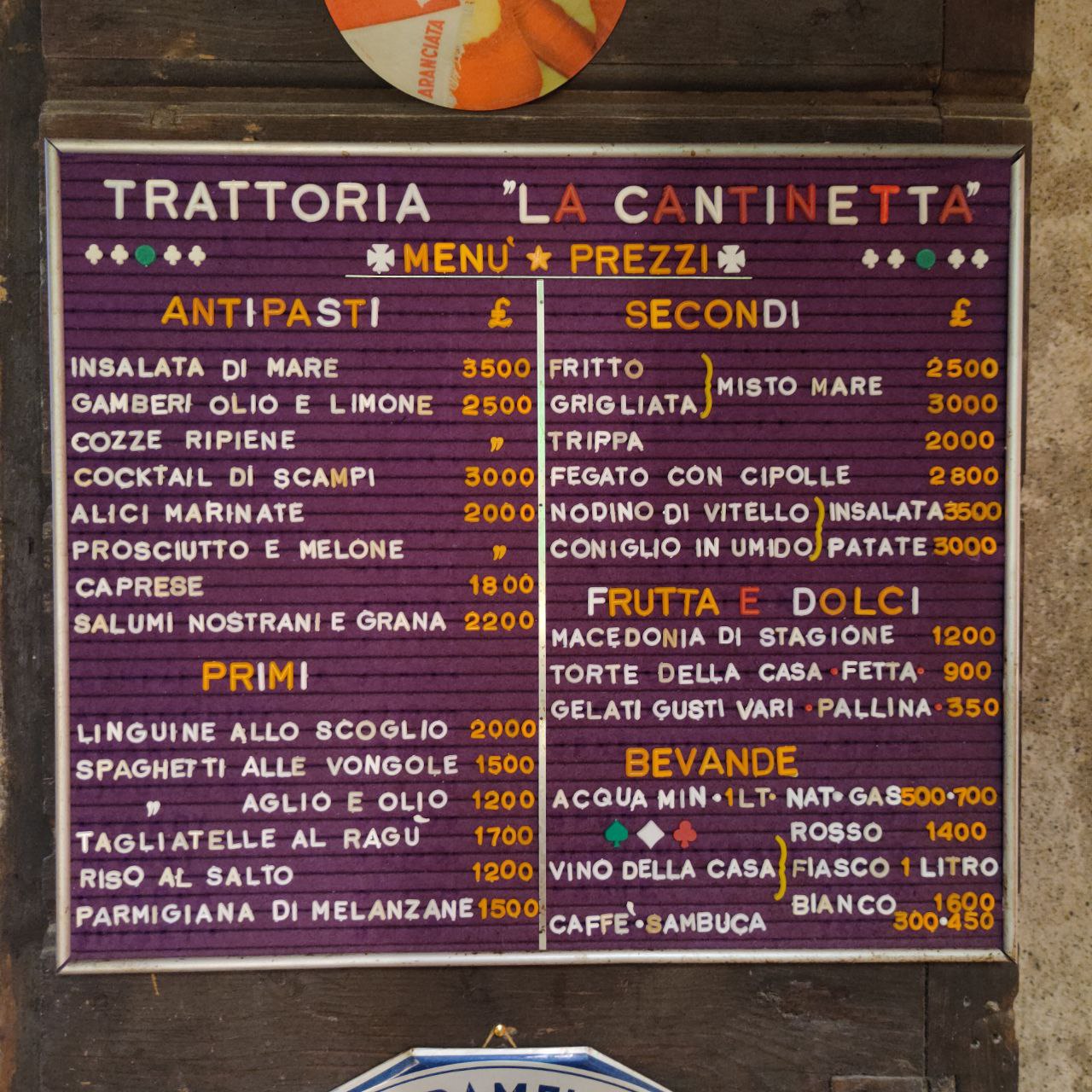 Price list - Trattoria